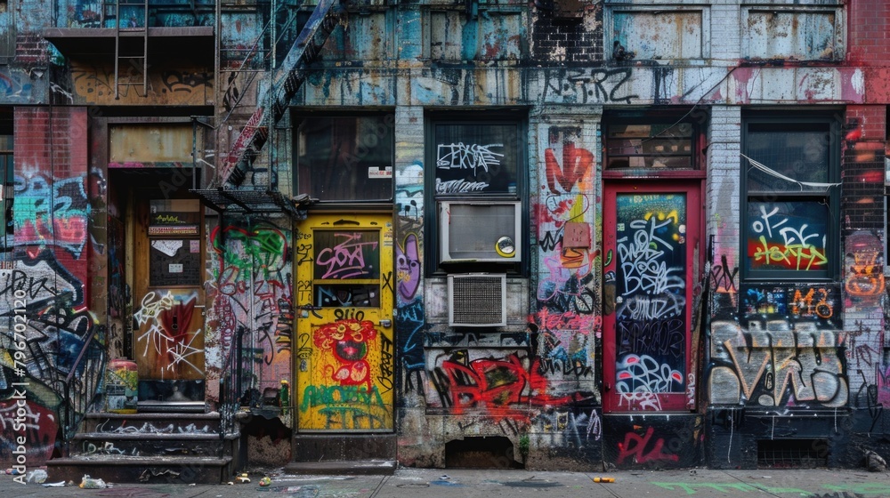 The graffiti on the building gives it a sense of urban decay and rebellion