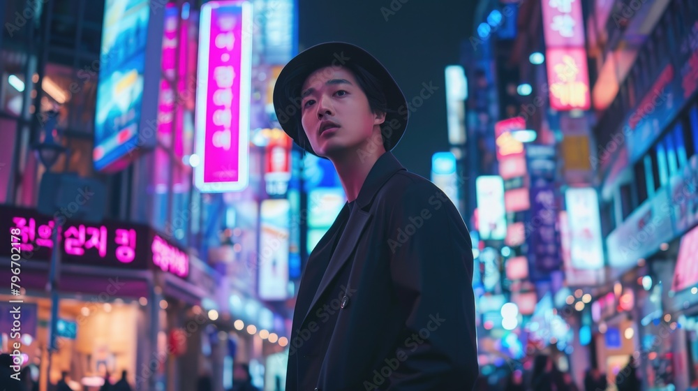 Young Asian man wearing a black hat stands in front of a neon sign lit up in the night Young Asian man wearing a black hat stands in front of a neon sign lit up in the night