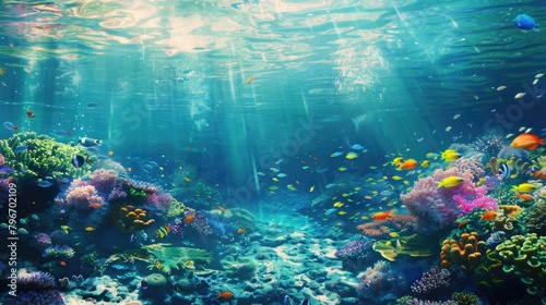 A colorful underwater scene with a variety of fish swimming around