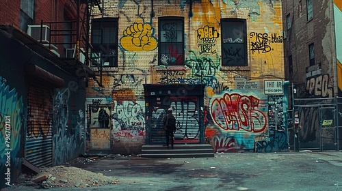 A graffiti covered building with a person standing in front of it
