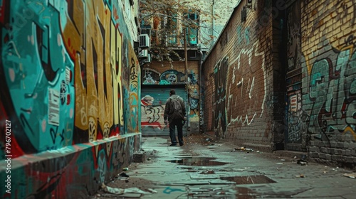 A man walks down a graffiti-covered alleyway