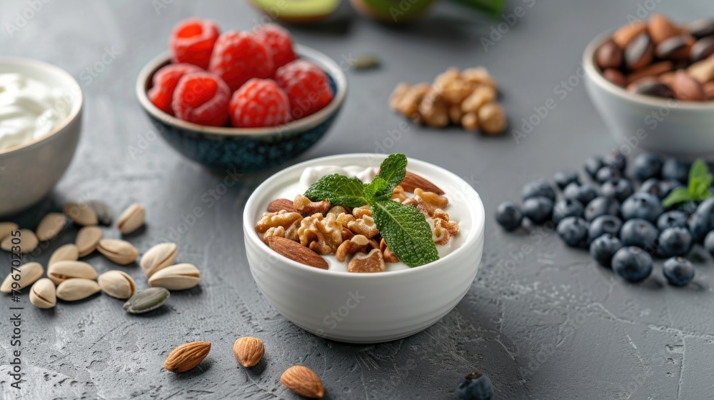 A bowl of yogurt with nuts and berries on a table A bowl of yogurt with nuts and berries on a table