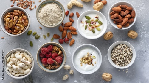 A variety of nuts and seeds are displayed in bowls on a counter