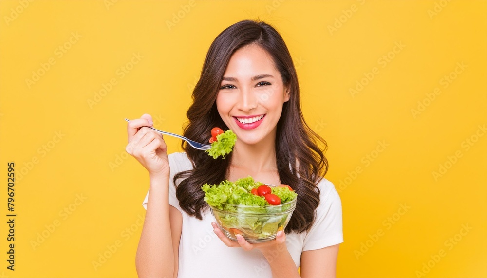 Smiling Asian woman eating a tasty fresh vegetable salad. Healthy diet concept. Vegetarian, vegan food. Smiling Asian woman eating a tasty fresh vegetable salad. Healthy diet concept. Vegetarian, vegan food.