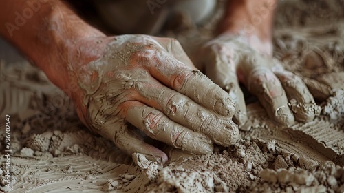 A close-up of a mason's hands kneading clay or earth-based materials to create adobe or earthen plaster for sustainable construction methods. photo