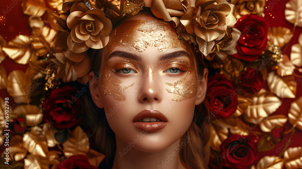 Fantasy portrait of woman with golden skin. Girl goddess