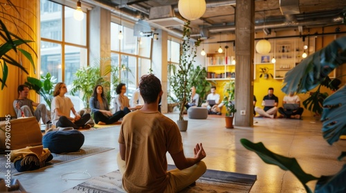 Coaching yoga man is sitting in a room with a group of people