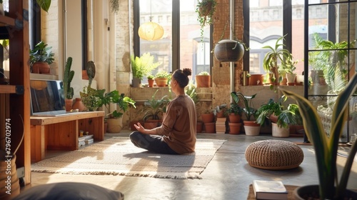 Meditate woman is sitting on a rug in a room with plants and a laptop