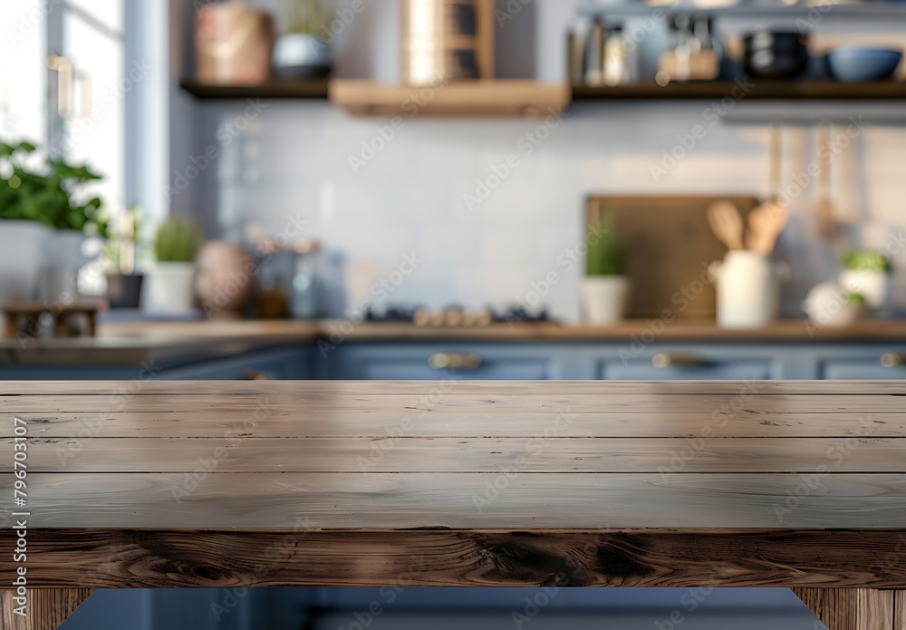 Empty wooden table top with blurred kitchen interior background product display and ecommerce design concept 3D rendering high resolution photography professional color grading 