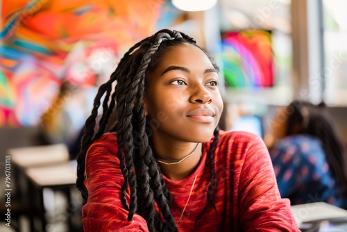 A young African American woman smiles gently in a casual setting with a colorful mural in the background.