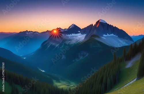 The serenity of the sunset over the Cascade peaks is a majestic mountain twilight. Travel and tourism. 