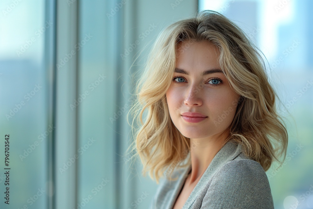 A blonde woman with a short haircut is standing in front of a window