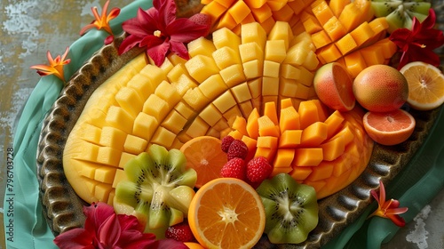 A festive fruit platter featuring sliced mangoes arranged with other tropical fruits  perfect for serving at parties and gatherings.