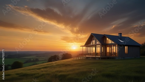sunset over the village, A house on a hill with a view of the sunset in a natural landscape.