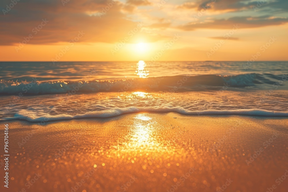 Closeup sea sand beach. Panoramic beach landscape. Inspire tropical beach seascape horizon sunset