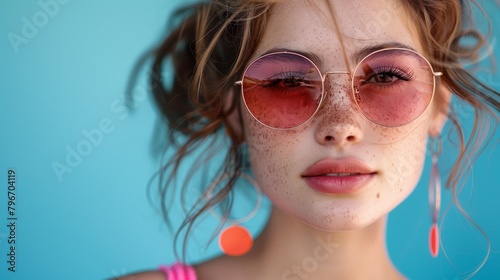 Beautiful young tanned girl wearing sunglasses stands near wall in the south. Fashionable summer dress, bright make-up, tan. photo