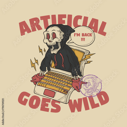 retro cartoon emblem of skeleton emerging from laptop