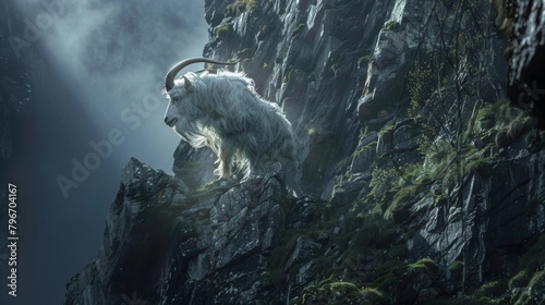 A mystical creature halfhuman and halfgoat gracefully leaps from ledge to ledge on a perilous cliff face. Its horns glow with an otherworldly . . photo