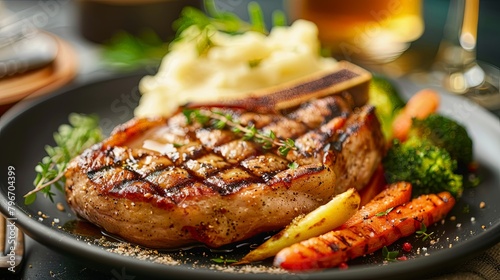 A juicy grilled pork chop served with mashed potatoes and steamed vegetables, highlighting the tender and savory qualities of pork.