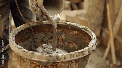 A mason pouring water into a cement mixer and adding dry ingredients to create mortar, showcasing the artistry and skill of masonry work. photo