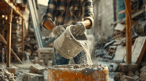 A mason pouring water into a cement mixer and adding dry ingredients to create mortar, showcasing the artistry and skill of masonry work. photo