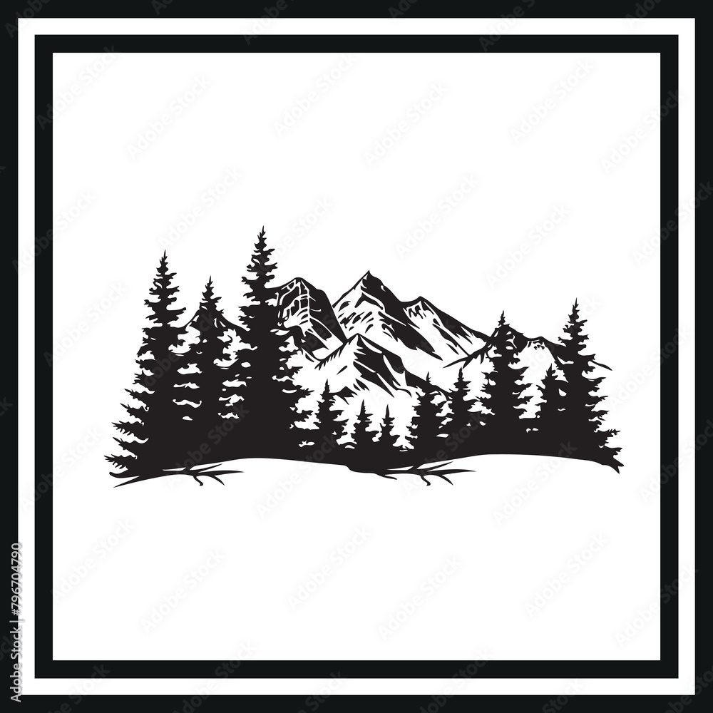 Fototapeta premium Silhouette of snowy mountain and pine trees clipart on a white background