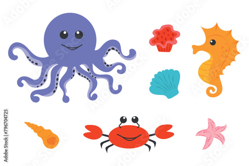 Set of cute sea animals. A collection of vector illustrations in cartoon style about underwater animals. Illustration of starfish, crab. octopus