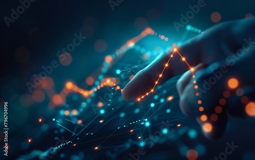 Finger pointing at a growing graph line on a dark blue background in the style of business growth concept stock photo contest winner high resolution 3D render