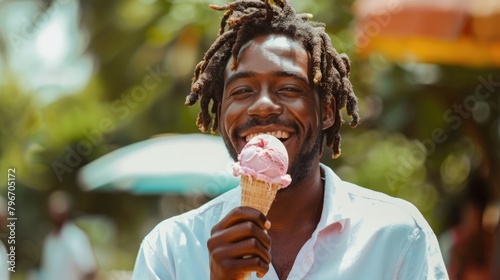 Dark skinned happy young man eating ice cream with copyspace