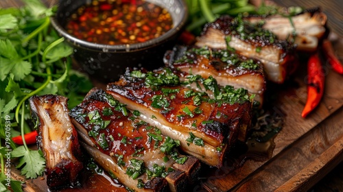 A plate of succulent pork belly slices grilled to crispy perfection, accompanied by dipping sauce and fresh herbs, enticing diners with its savory aroma.