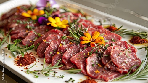A platter of thinly sliced beef tenderloin, arranged with herbs and spices, ready to be cooked to perfection for a gourmet dining experience.