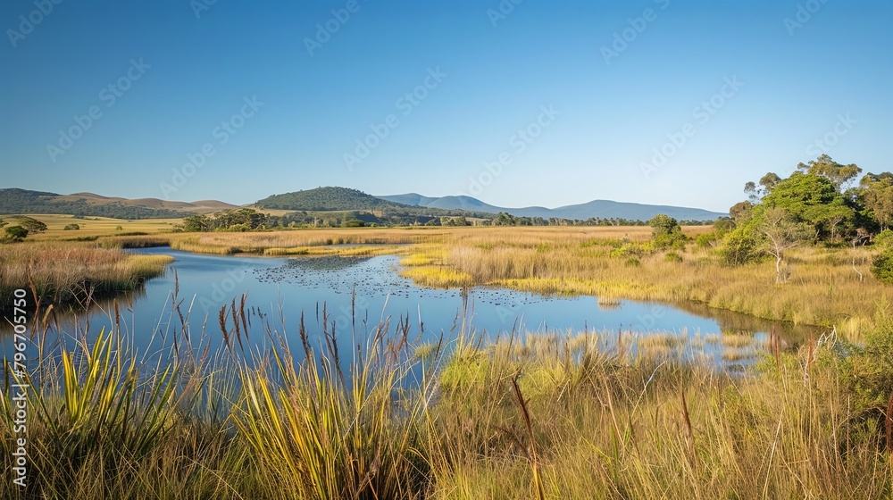 A scenic overlook offering breathtaking views of a sprawling marshland teeming with birdlife, set against a backdrop of rolling hills and distant mountains.