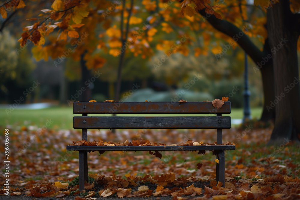 A wooden park bench sits beneath colorful trees in a fall landscape. A wooden park bench sits beneath colorful trees in a fall landscape.