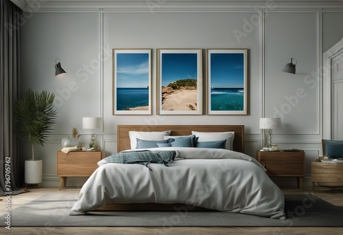 interior marine style sea Coastal 3d room frame render bedroom furniture Mock decor