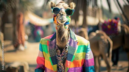 A camel dressed in colorful suits and sunglasses smiles at the camera