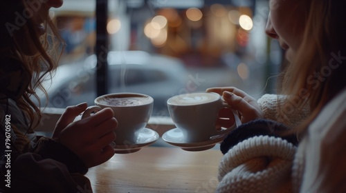 A close-up of two best friends sharing a cup of coffee in a cozy caf?(C) on National Best Friends Day. photo