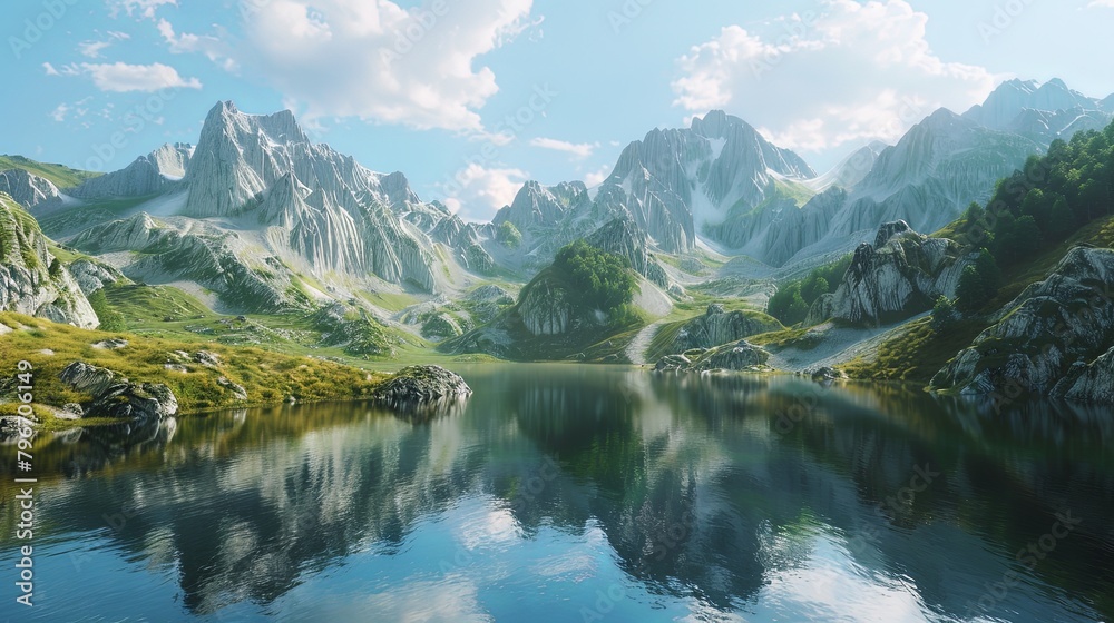 Fototapeta premium A serene alpine lake nestled amidst towering mountains, reflecting the tranquil beauty of its surroundings like a mirror.