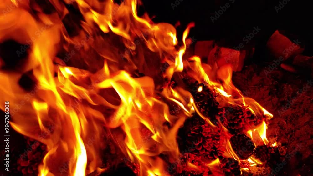 Bonfire in forest for tourists at night in the dark. Relaxing in front of bright sparkling fire place with pine cones. Close-up, wood logs Bonfire in forest for tourists at night in the dark. Relaxing in front of bright sparkling fire place with pine cones. Close-up, wood logs
