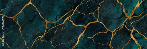 dark teal luxury marble texture with gold linings background from Generative AI photo