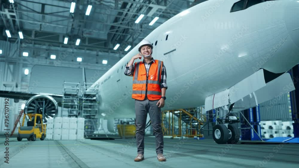Full Body Of Asian Male Engineer With Safety Helmet Standing With Aircraft In The Hangar. Smiling To Camera And Making Call Me Gesture While Aircraft Maintenance Full Body Of Asian Male Engineer With Safety Helmet Standing With Aircraft In The Hangar. Smiling To Camera And Making Call Me Gesture While Aircraft Maintenance