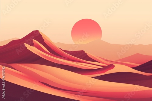 A painting of a mountain range with a red sun in the sky