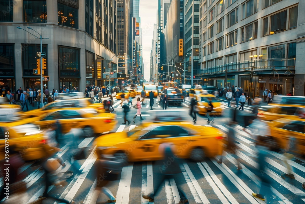 A busy city street with cars and pedestrians A busy city street with cars and pedestrians