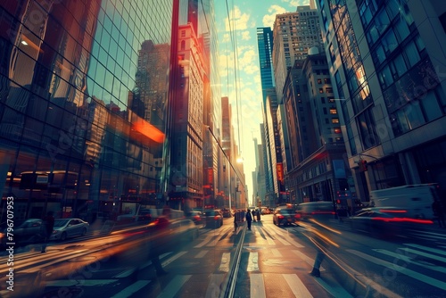 A busy city street with cars and pedestrians