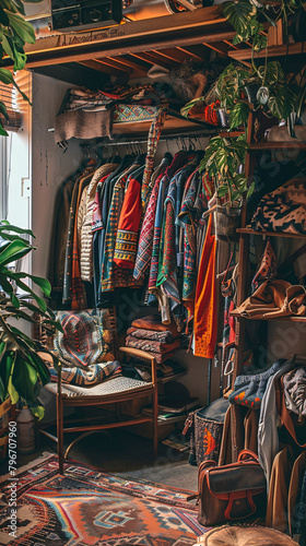 A cozy corner in a second-hand store, featuring a selection of upcycled and vintage clothing, embodying fashion sustainability