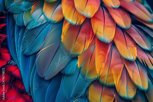 A colorful feather pattern with a mix of red, blue, and yellow colors photo