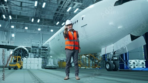 Full Body Of Asian Male Engineer With Safety Helmet Disapproving With No Index Finger Sign While Standing With Aircraft In The Hangar  photo