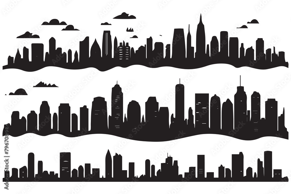 Fototapeta premium City skylines silhouette, cityscape set, black isolated on white background, vector illustration