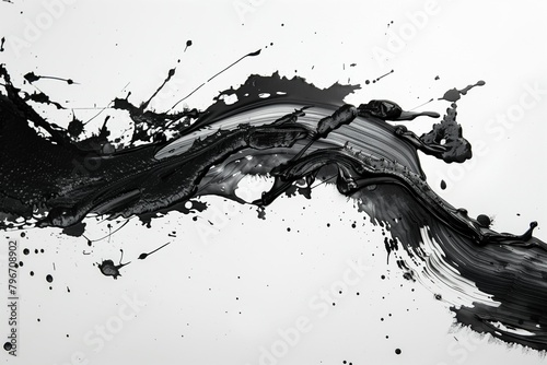 A black and white painting of a wave with splatters of paint