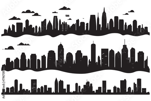 City skylines silhouette, cityscape set, black isolated on white background, vector illustration