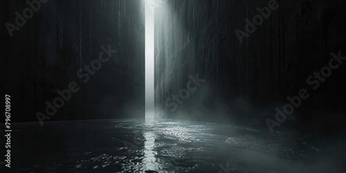 Dark big room hall smoke damp moist water loft rough back wall texture white light through corner exit straits